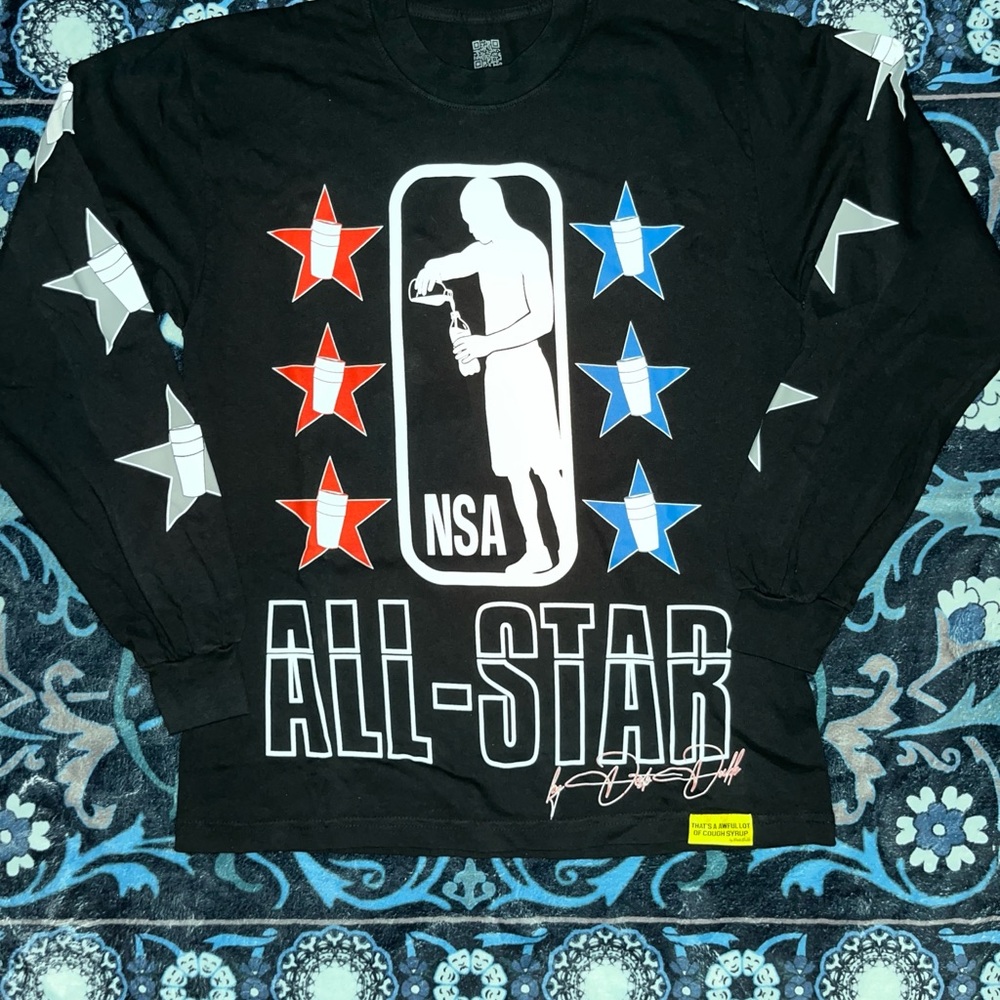 ALOCS NSA All-Star Graphic Long Sleeve Tee - Black with Red & Blue Stars